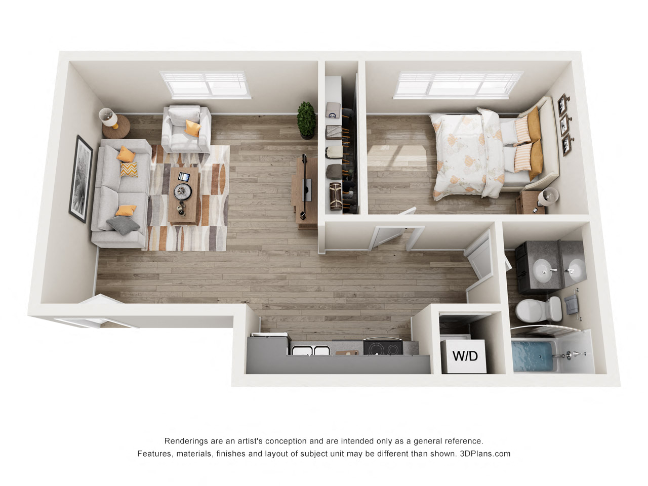 Floor plan for 1 bed, 1 bath, 611 sqft